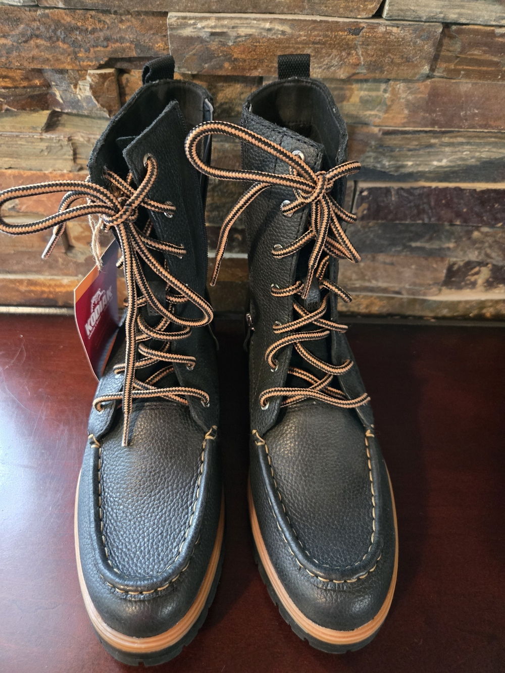 Kodiak Womens Black Leather Lace-Up Boots with Tan Trim - Picture 2 of 7